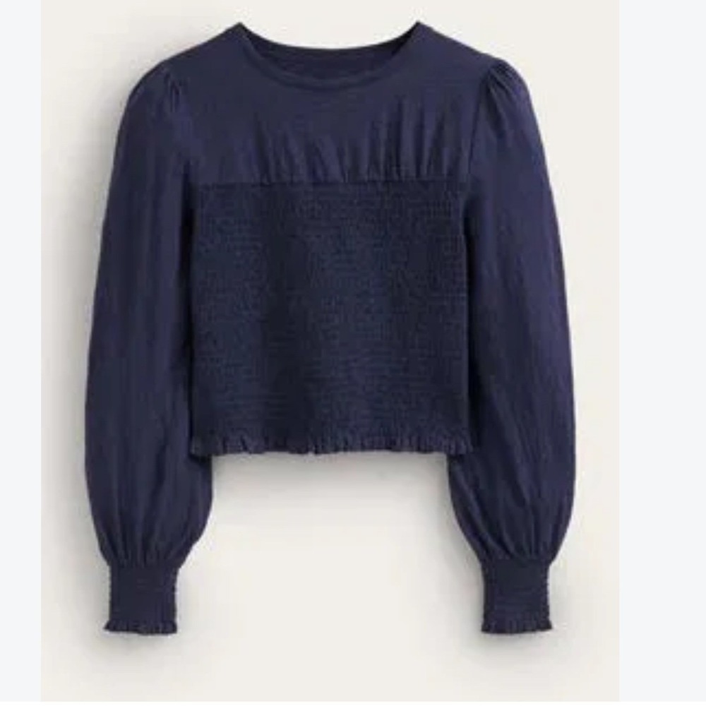 Boden Womens Long Sleeve Smocked Cotton Top 12 Navy Blue Cottagecore Fall Preppy